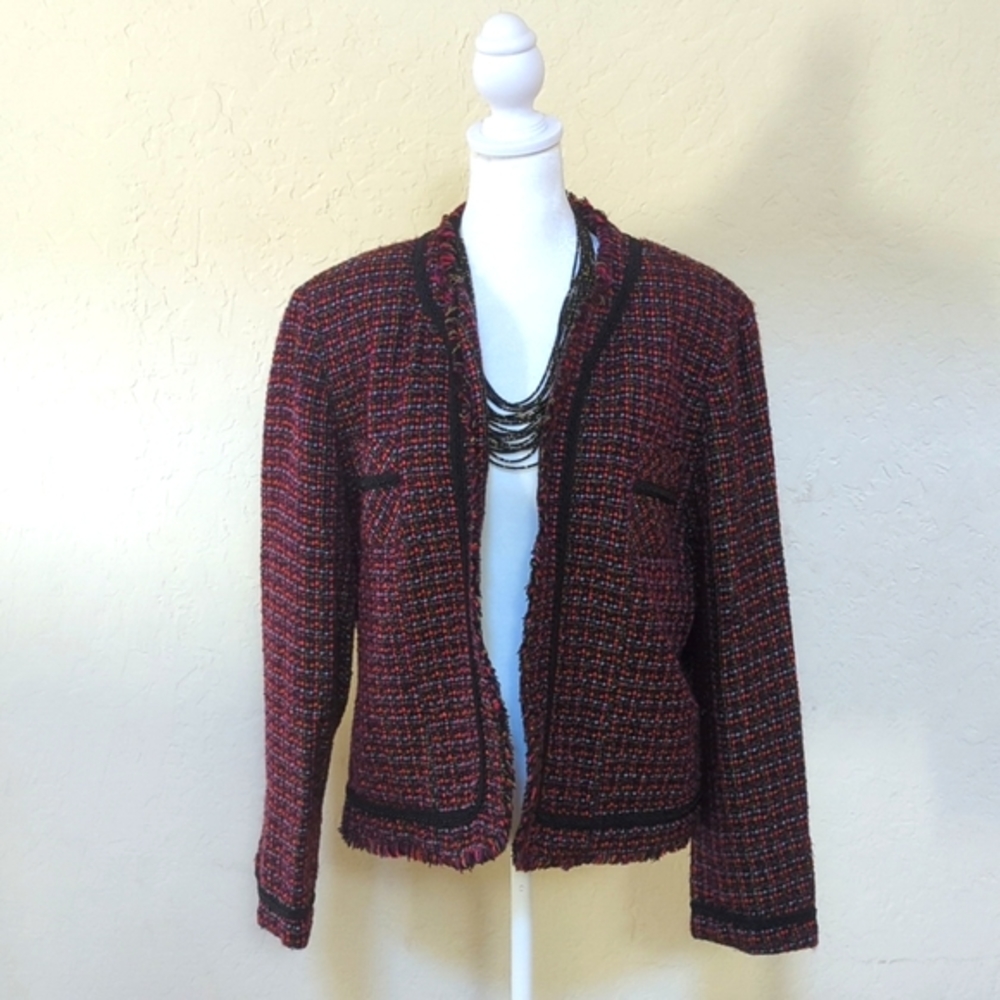Vintage Versailles Tweed Fringe Pink Blue Open Lady Jacket Front Blazer Size 16